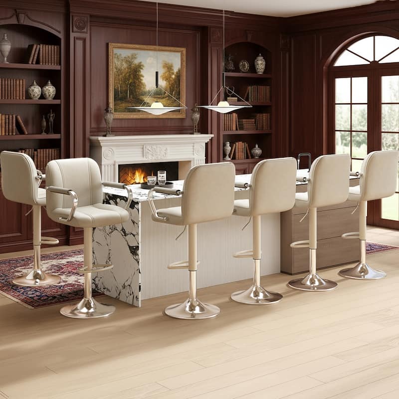 Swivel Bar Stools with Back Support - Adjustable Height Counter Stools for Kitchen Island & Home Bar - Beige - Set of 6