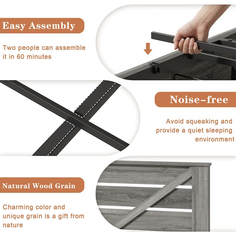 Full-size Storage Bed Frame with Storage Headboard (4 Storage Drawers on Bed Body + LED Lighting), Sturdy Metal Slat Base