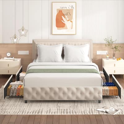 EROMMY Modern Stylish Upholstered Bed, Bed Frame with Headboard & 4 Storage Drawers, LED Storage, Queen/King, Beige