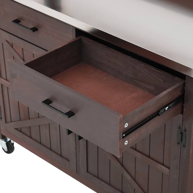 54.1" Outdoor Kitchen Island,Outdoor Grill Cart on Wheels, Potting Bench Table with Stainless Steel Top and Storage Cabinet - Brown