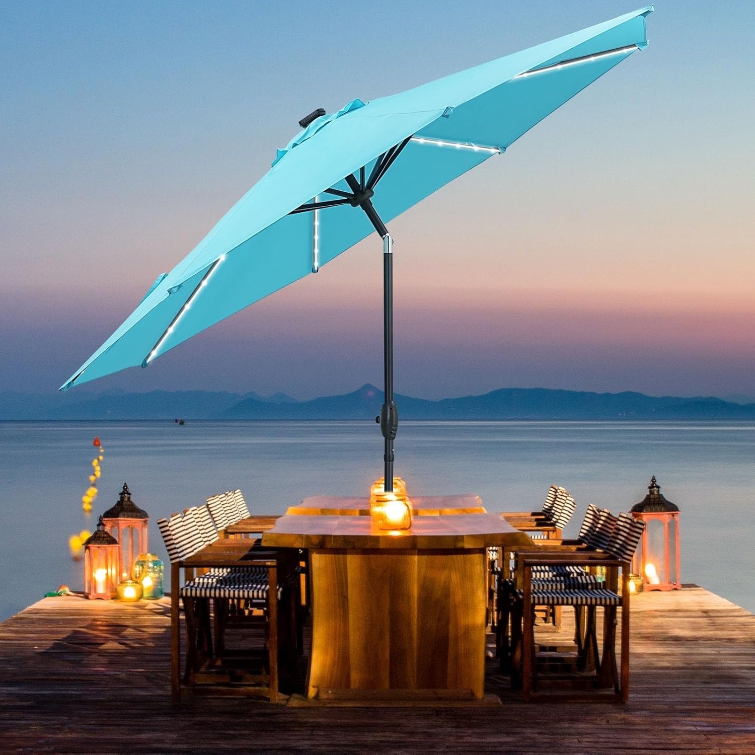 10ft Solar LED Patio Umbrella with 8 Ribs, Push Button Tilt & Energy-Efficient Lighting for Outdoor Gatherings