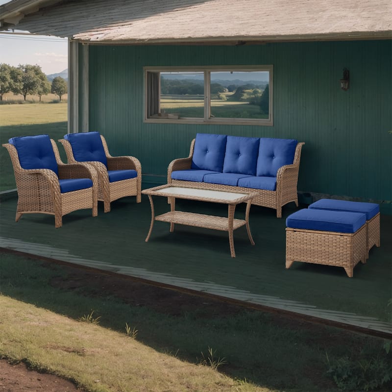 Gymojoy 6-Piece Patio Furniture Sofa Chair Ottoman - Yellow - Blue