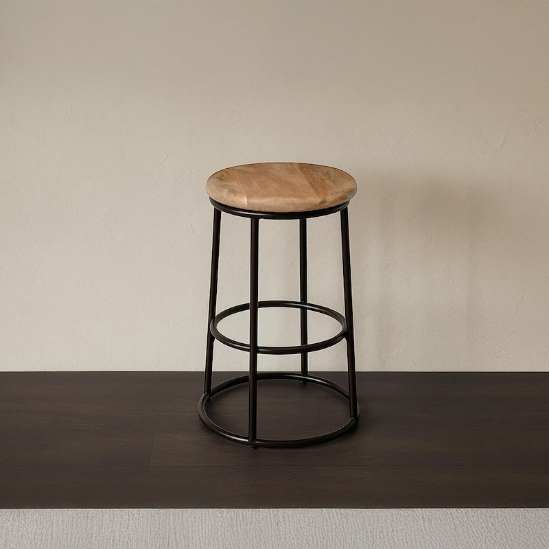 24 Inch Mango Wood Counter Height Barstool With Iron Base, Brown And Black
