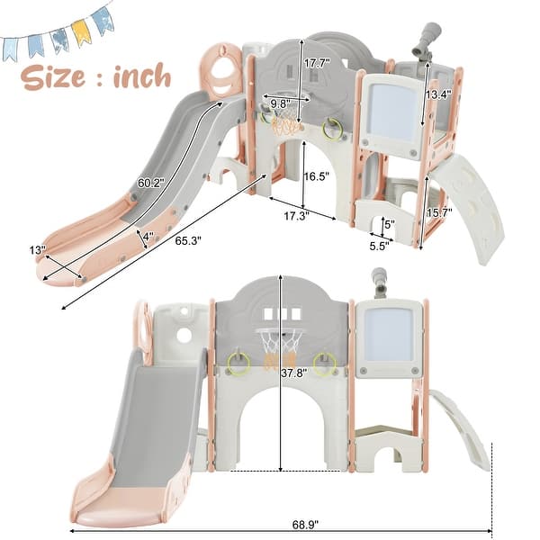 dimension image slide 1 of 3, 9 in 1 Kids Slide Play Set Structure for Indoor-Outdoor Activity - 65.3''L x 68.9''W x 37.8''H