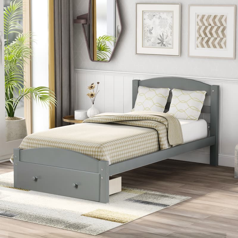 Twin Size Platform Bed Solid Pinewood Slat Bed Frame with Storage Drawer, Headboard and Wood Slat Support for Bedroom