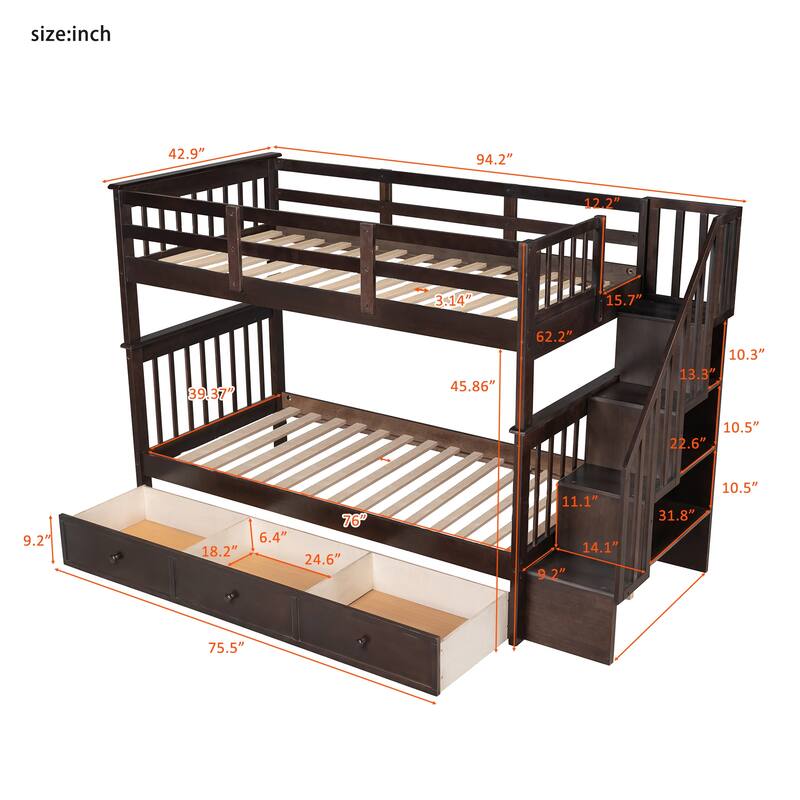 Stairway Twin Over Twin Bunk Beds w/3 Under Bed Drawers and Guard Rail