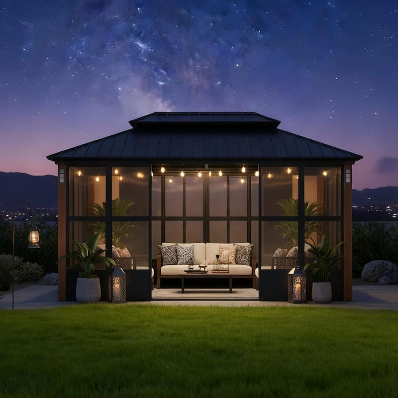 PURPLE LEAF Double Top Outdoor Sunroom Screen House Patio Hardtop Gazebo - 10' x 15' - Black(With Ligths)