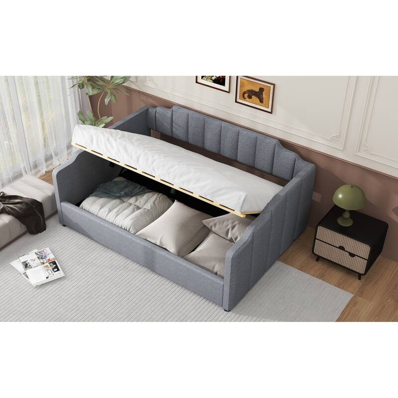 Full Size Platform Bed Frame, Linen Upholstered Daybed with Underneath Storage and Wood Slat Support for Bedroom