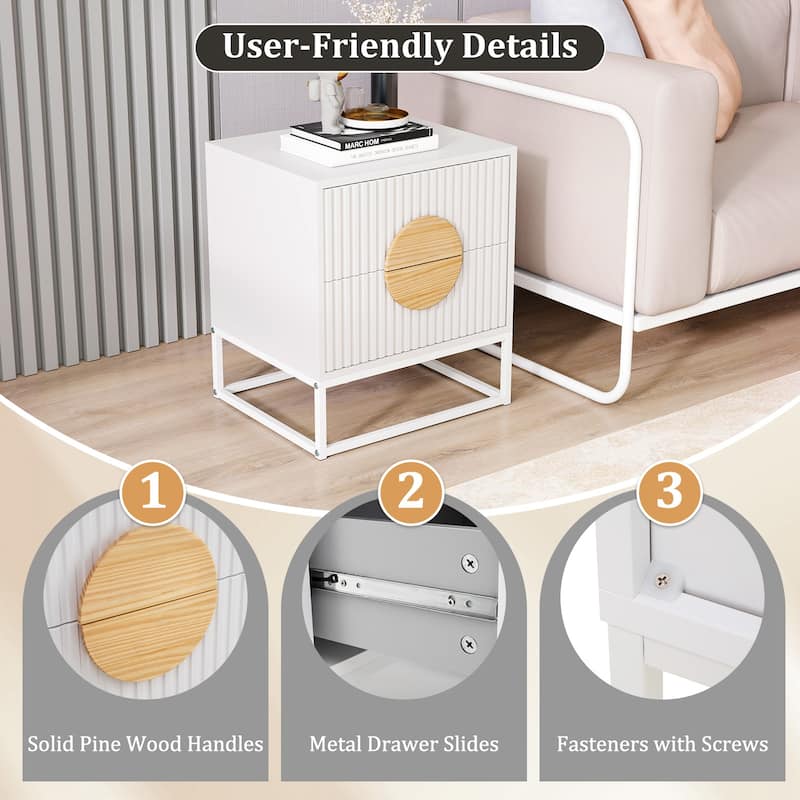 Modern Wooden Fluted Nightstand with 2 Storage Drawers and Metal Base for Bedroom