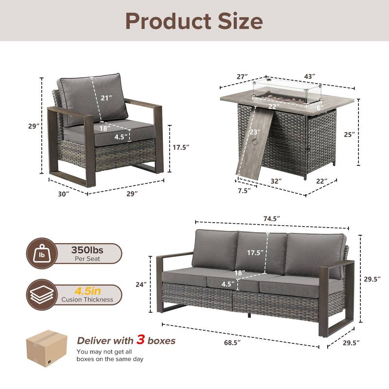 Meyreso Wicker Patio Conversation Set with Fire Pit Table & Olefin Cushions