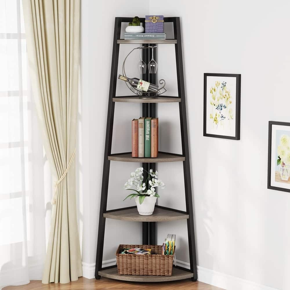 70 inch Tall Corner Shelf, 5 Tier Bookshelf Bookcase, Modern Corner Ladder Shelf Plant Stand for Living Room