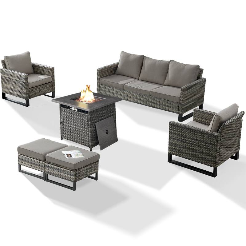 Pati Sofa with Fire Pit Table and Club Chairs
