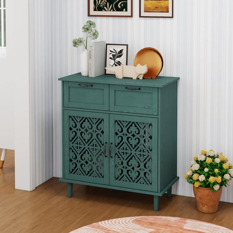 Cabinet with 2 Carved Pattern Doors & 2 Drawers, Small Entryway Storage Table, Accent Cabinet with Metal Handles & Wooden Legs