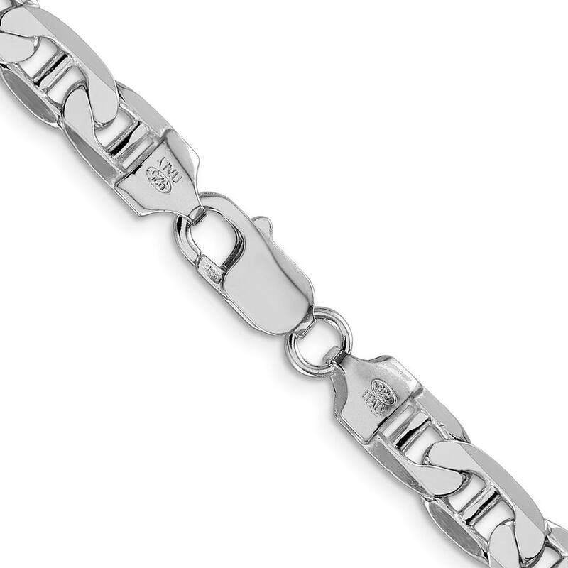 Curata 925 Sterling Silver Rhodium 7mm Flat Mariner Anchor Chain Necklace for Men