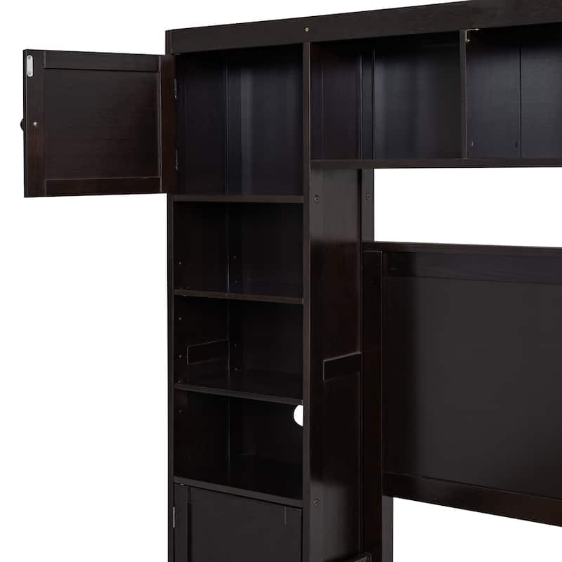 Full Solid Wood Platform Bed with Built-In Cabinet & Shelf