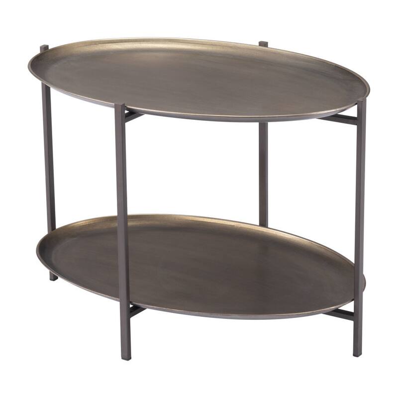 HomeRoots 26" Antiqued Bronze and Black Steel Oval Two Tier Coffee Table - 26.00 in. x 17.70 in. x 18.00 in.