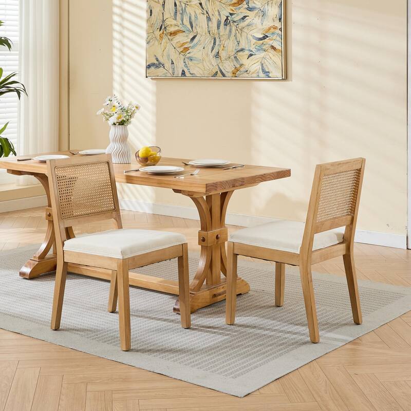 Farmhouse 2 Piece Linen Solid Wood Dining Chair with Mesh Rattan Backrest, Cushioned for Dining Room Kitchen Bedroom Living Room