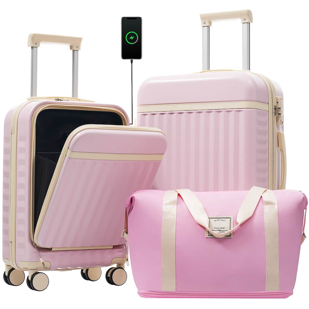 3-Piece Modern Front-Opening Luggage Expandable Luggage with USB Port, Spinner Wheels and TSA Lock, for Boarding Travel