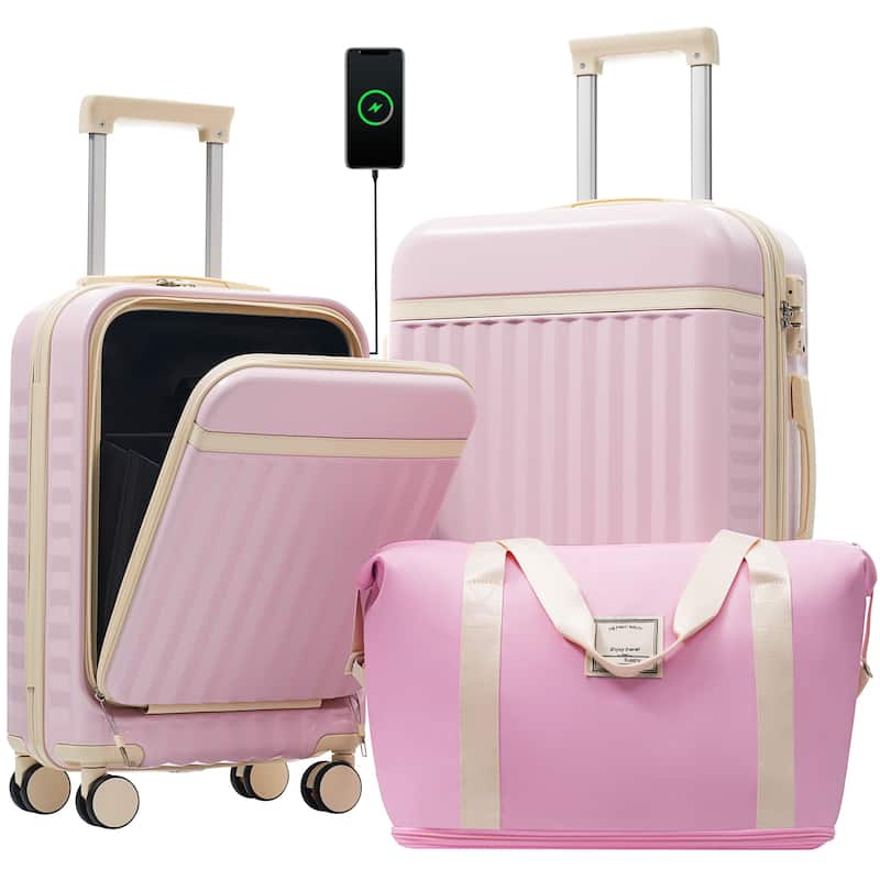 Front Opening Luggage Set 3 Piece,USB Port, Expandable Luggage with Handle Bag Spinner Wheels TSA Lock - Pink