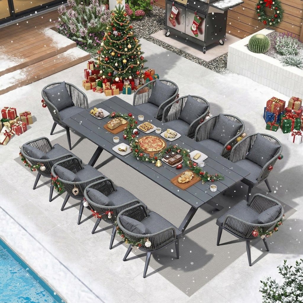 PURPLE LEAF 7-11 Patio Dining Set, Aluminum Frame Table, Wicker Chairs