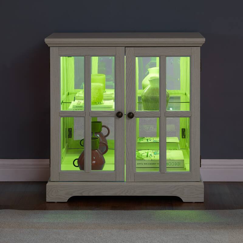 Retro Display Cabinet with Lattice Doors, Adjustable Shelve and LED Lights