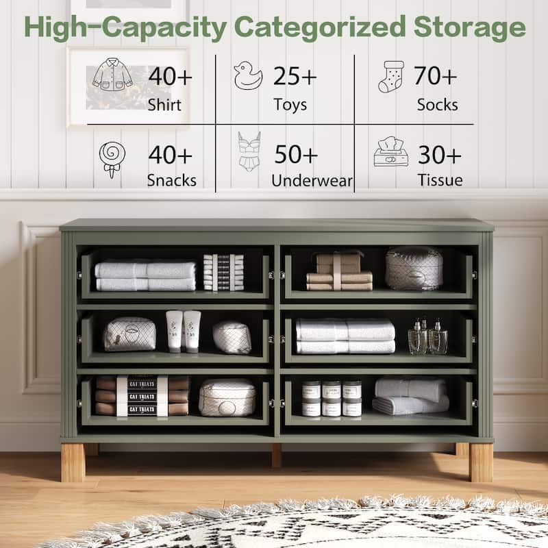 Wooden Double Dresser Dressing Table, Chest of 6 Drawers for Bedroom Living Room Entryway