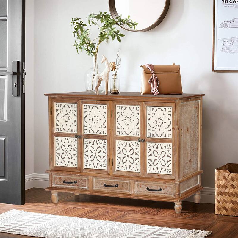 Rustic Accent Storage Cabinet with 3 Drawers & Adjustable Shelves, 4 Doors Sideboard Entryway Cabinet for Living Room Hallway