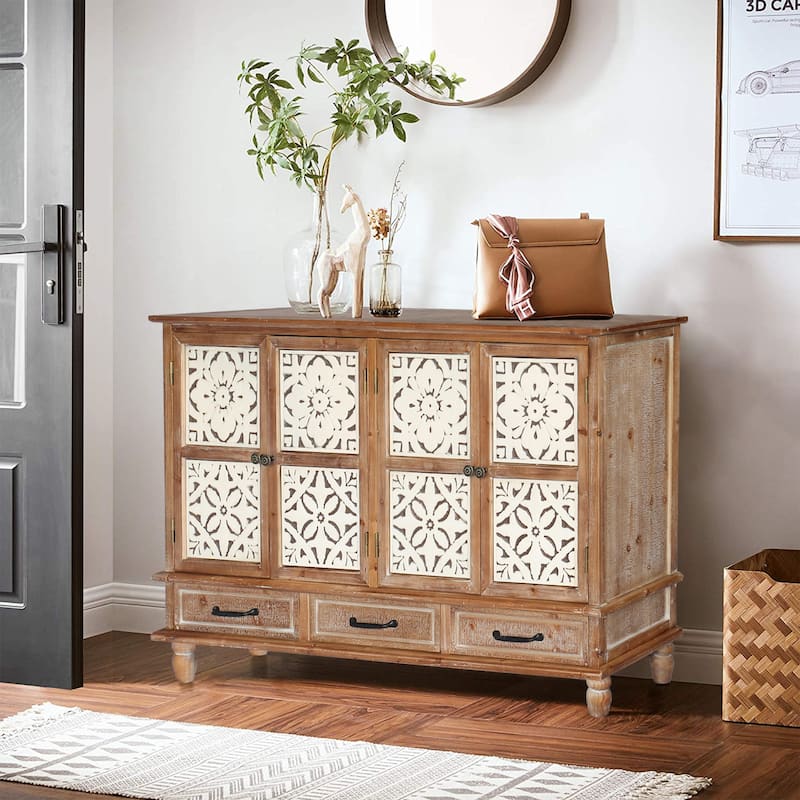 Wood Accent Cabinet with 4 Doors, Sideboard Buffet with Adjustable Shelves, Storage Cabinet with 3 Drawers - Natural Wood