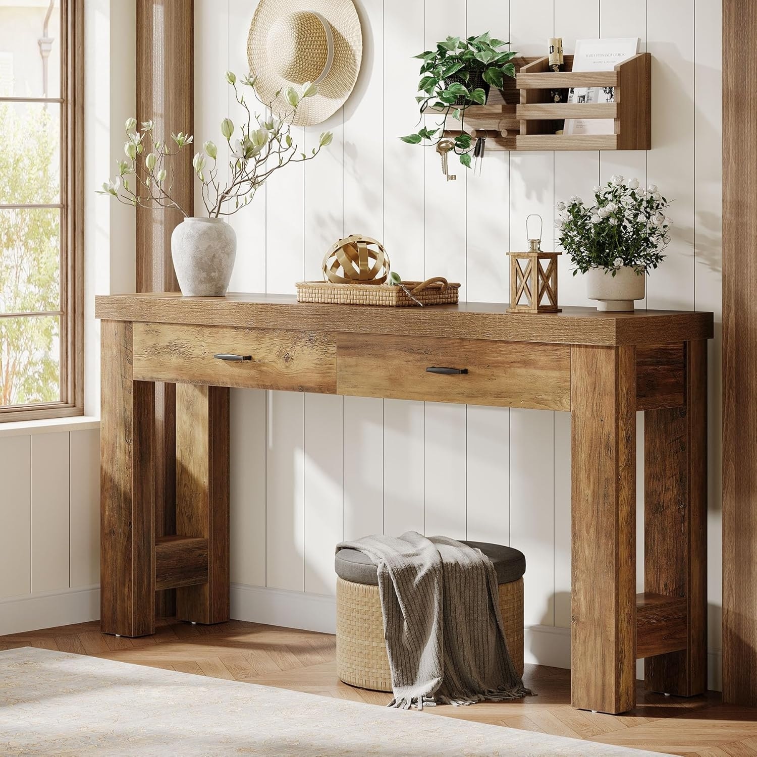 63" Wood Farmhouse Console Sofa Tables Behind Couch with 2 Drawers - 63" W × 13.8" D × 31.5" H