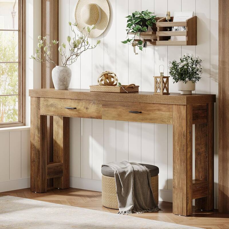 63 Inches Console Table with 2 Drawers, Wood Entryway Table with H-Shaped Legs