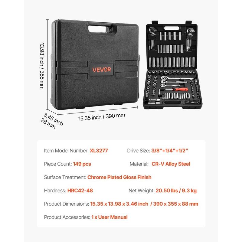 Complete 149-Piece Socket Wrench Set with Ratchet and Chrome Plated High-Strength Alloy Steel - 15.35 x 13.98 x 3.46 in