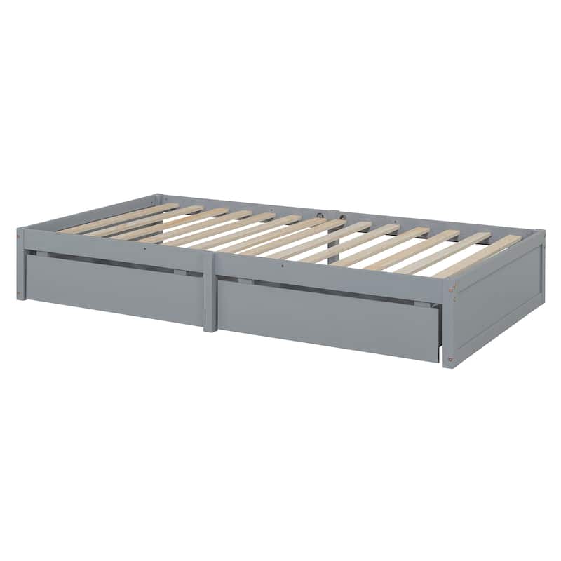 Sturdy Floor Bed with Fence Guardrails and 2 Drawers