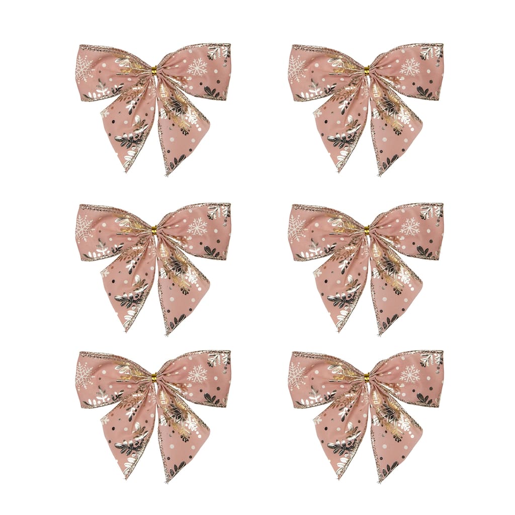 Shiny Snowflakes Christmas Bow Decorations - 5.5" - Pink and Gold - Pack of 6