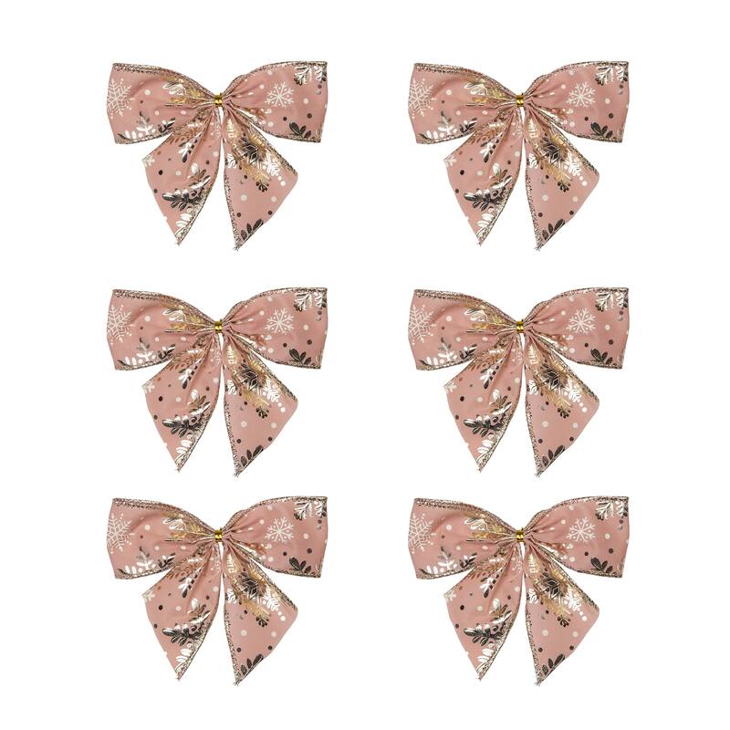 Shiny Snowflakes Christmas Bow Decorations - 5.5" - Pink and Gold - Pack of 6