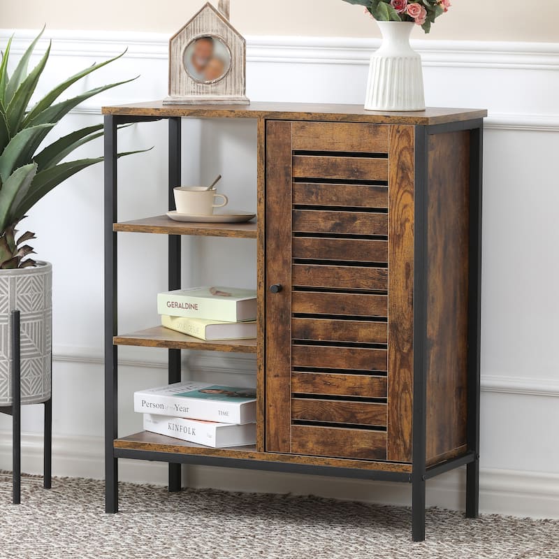 Walnut Finish Manufactured Wood 3-Shelf and 1-Door Storage Cabinet