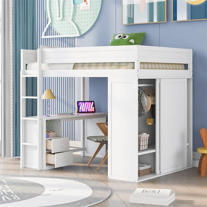 Merax Wood Loft Bed with Wardrobes and 2-Drawer Desk with Cabinet - White - Full