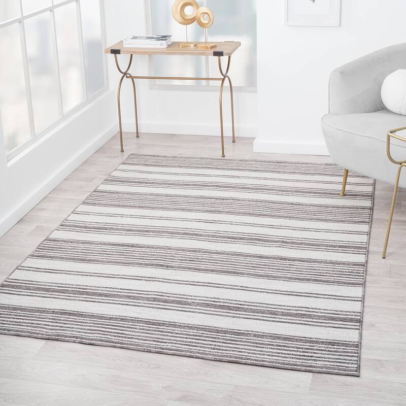 Sevita Ivory/Gray Striped PET Yarn Indoor/Outdoor Area Rug