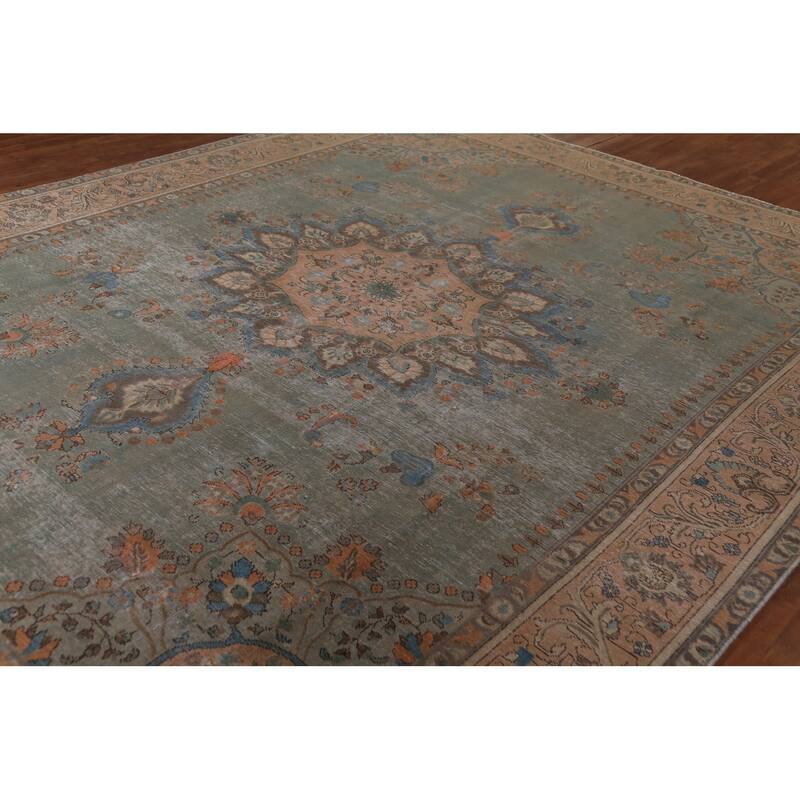 Green Tabriz Persian Vintage Area Rug Hand-Knotted Wool Carpet - 9'6"x 12'7"