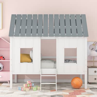 Twin Size Low Loft House Bed with Roof and Windows, Ideal Playhouse Bed