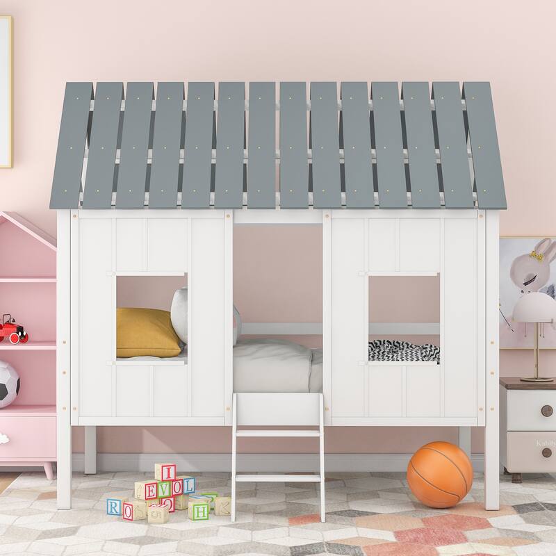 White Twin Size Low Loft House Bed with Roof and Front Windows for Kids