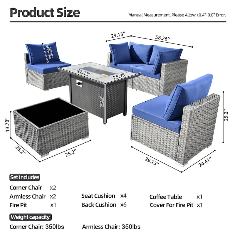 XIZZI 6-piece Patio Furniture Set Outdoor Sectional Rattan Sofa with Firepit