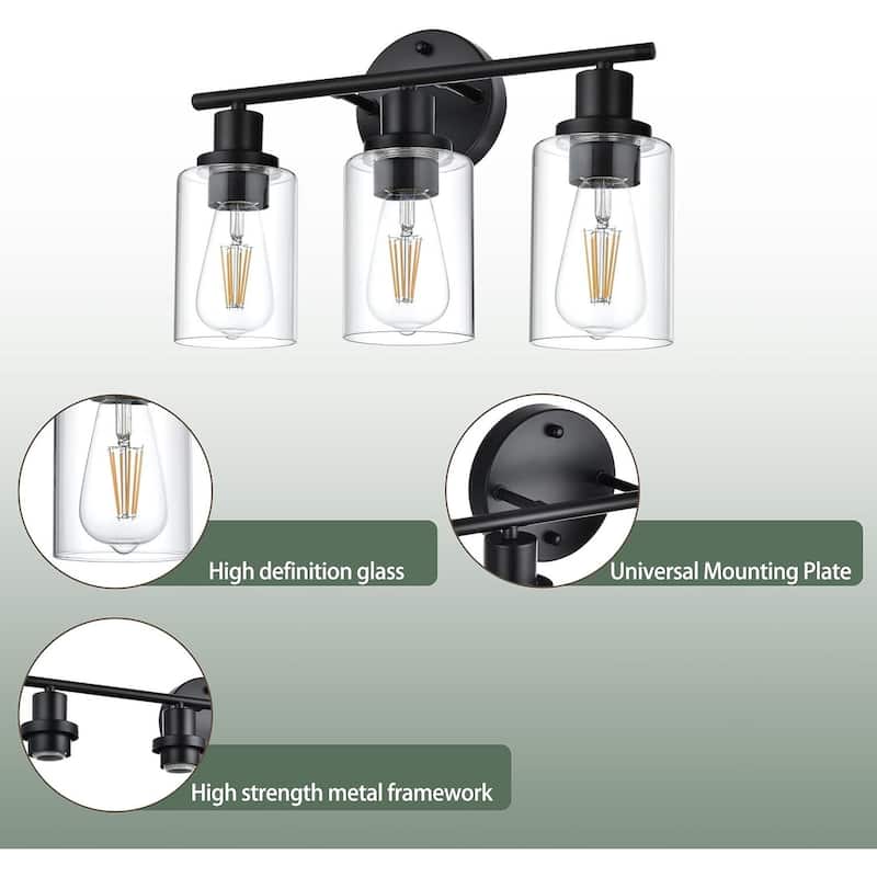 3-Light Bathroom Light Fixtures, Brushed Nickel Modern Vanity Lights Over Mirror with Clear Glass Shade, Bathroom Wall Lamp