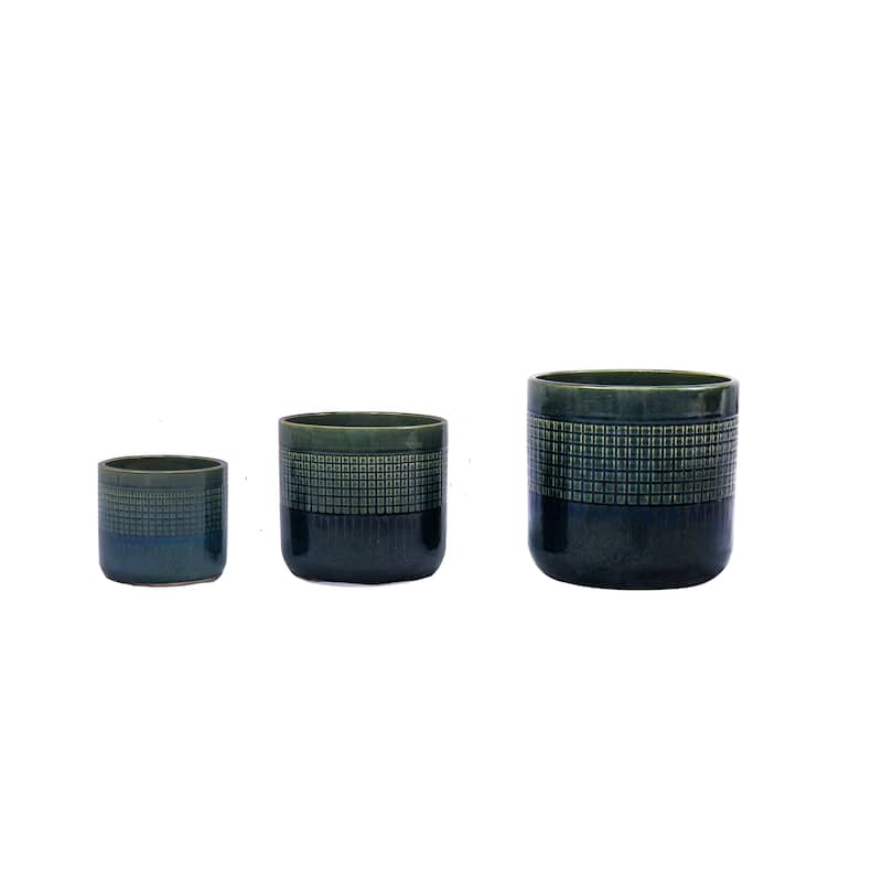 Set of 3 Grid Ceramic Flowerpot, Modern Planter for Patio, Garden, Windowsill - Blue+Green
