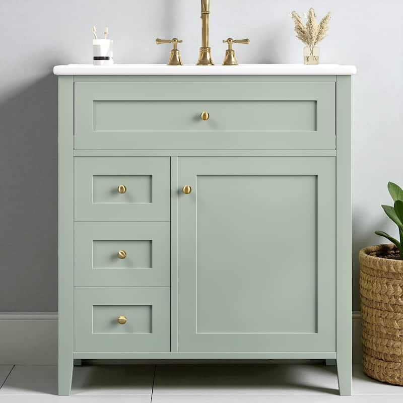 30-Inch Bathroom Vanity with Sink, MDF and Solid Wood Cabinet, 3 Drawers and Adjustable Shelf, Freestanding Design - Green
