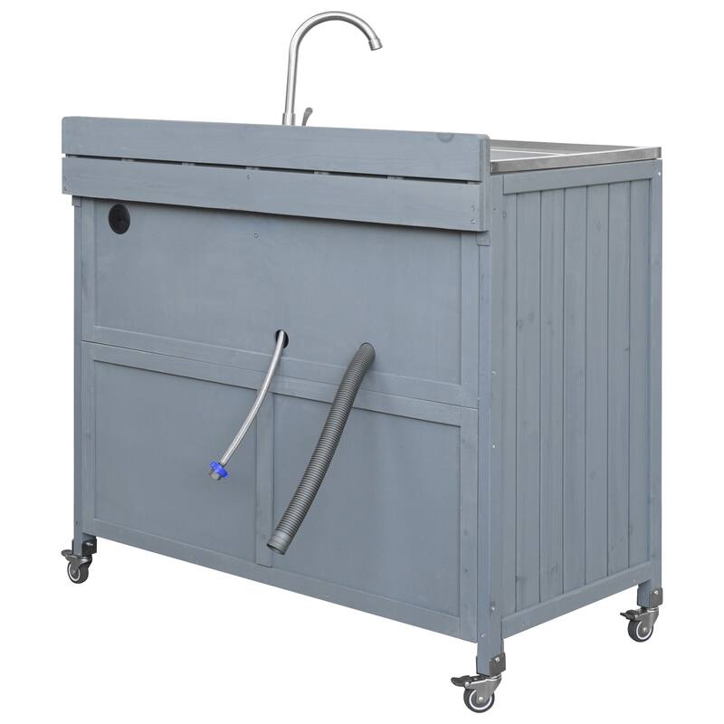 39.4" Outdoor Kitchen Island with 304 Stainless Steel Sink, Faucet & Storage Cabinet