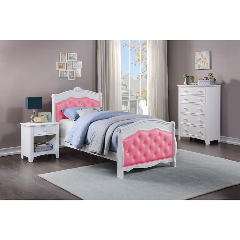 White Full Size Bed Youth Bedroom Furniture Pink Faux Leather Headboard Footboard Plywood 1pc Bedframe