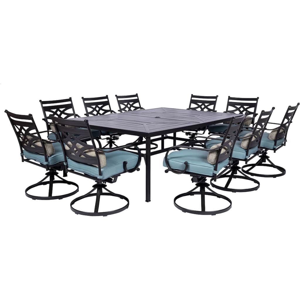 Hanover Montclair 11-Piece Dining Set in Ocean Blue with 10 Swivel Rockers and a 60-In. x 84-In. Table