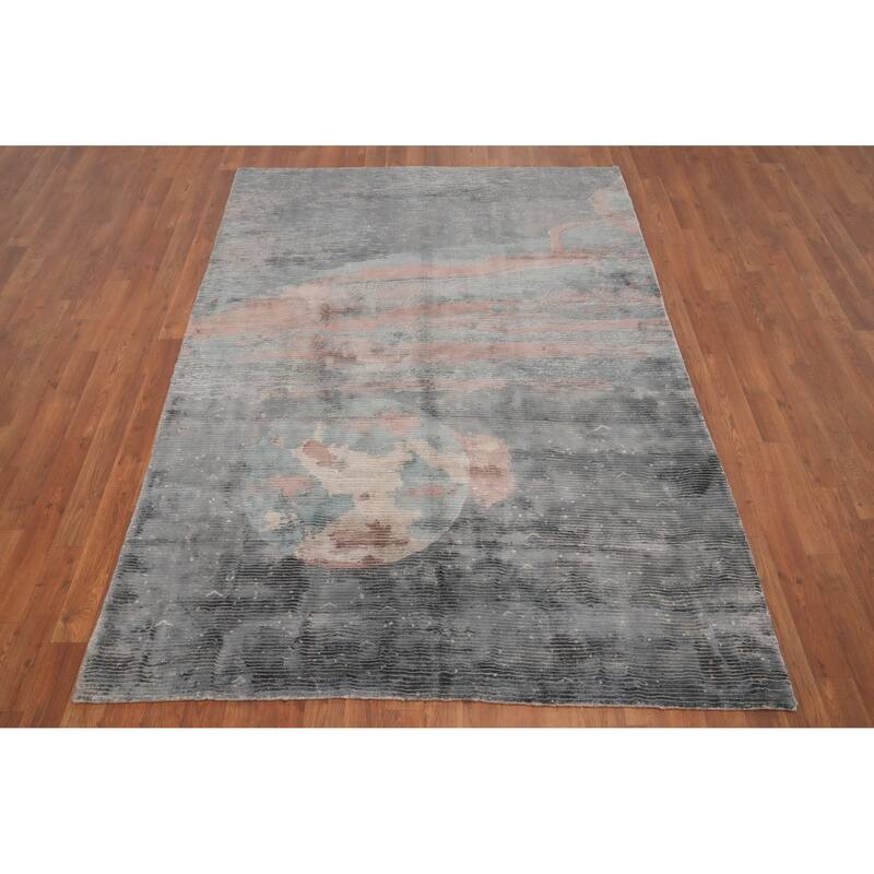 Hand Knotted Oriental Viscose Silk Carpet Modern Pictorial Greys & Charcoal Abstract Area Rug - 7' 0'' X 5' 0''
