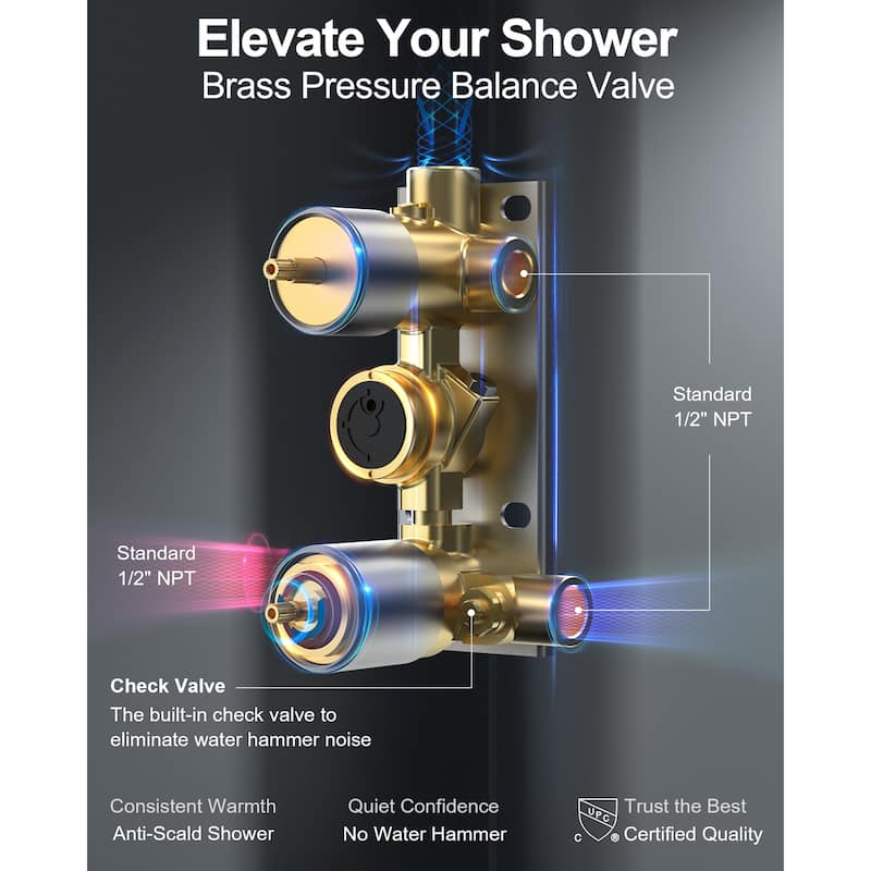GRANDJOY 12 Inch Wall Mounted Digital Temperature Display Shower System Rainfall Shower Head with 6 Body Jets