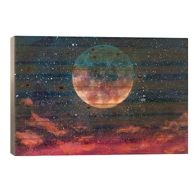 Moon Among Stars In Universe Print On Wood by Valery Rybakow - Multi-Color